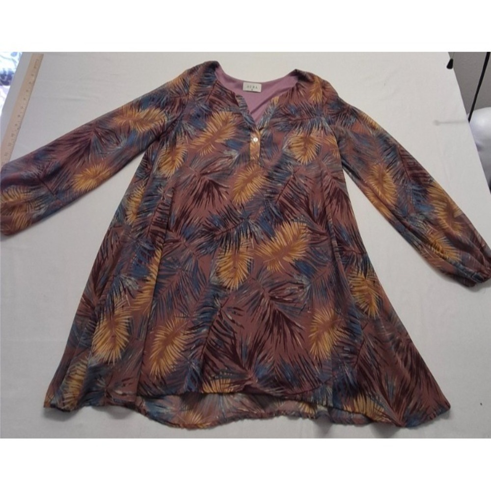 Aura Mauva Women's tropical leaf print dress SM v-neck long sleeves lined sheath